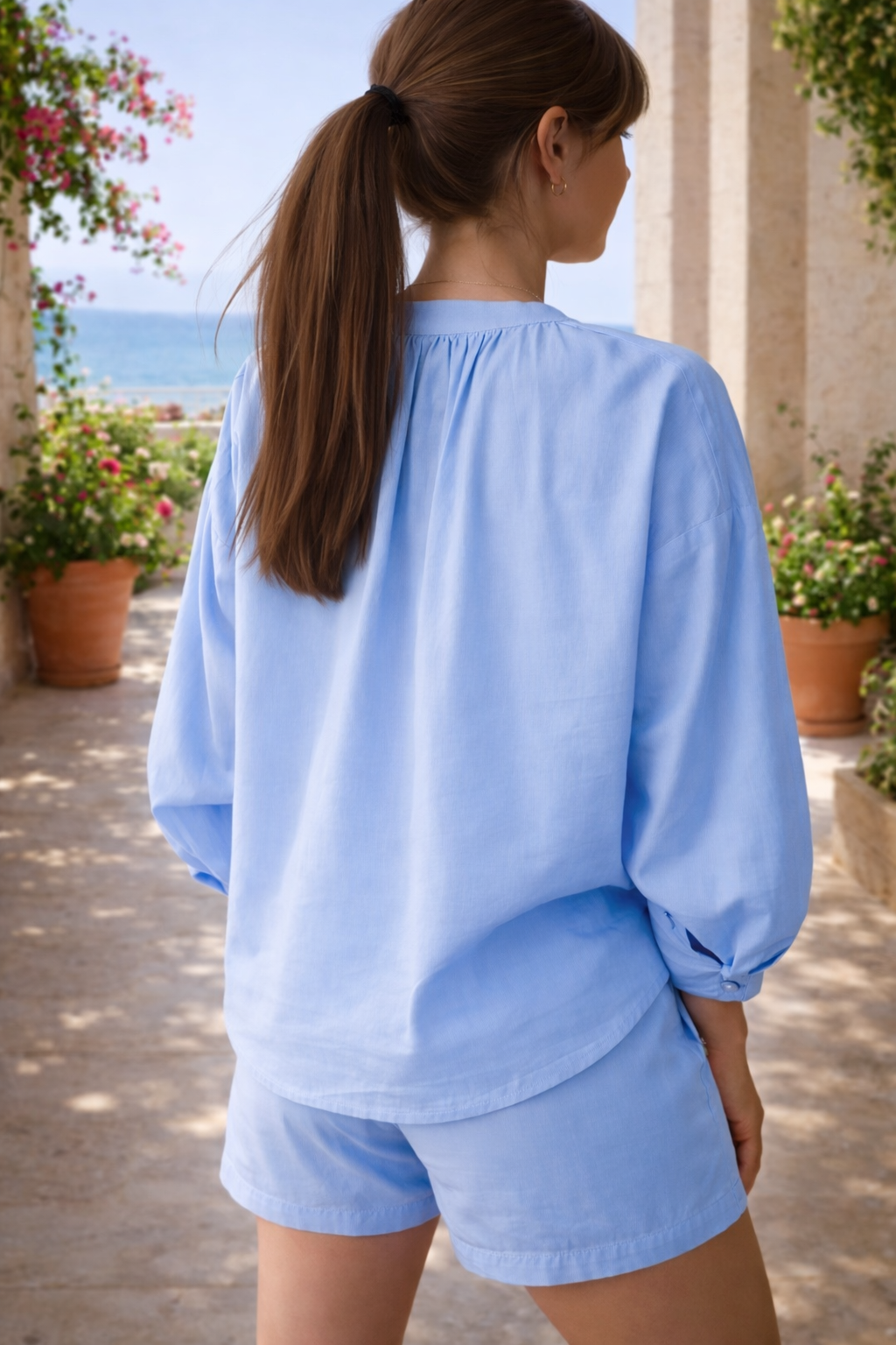 Ensemble Azurine - blouse & short perlée