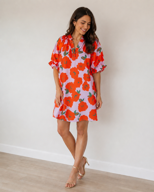 Robe courte fleurie orange et lilas