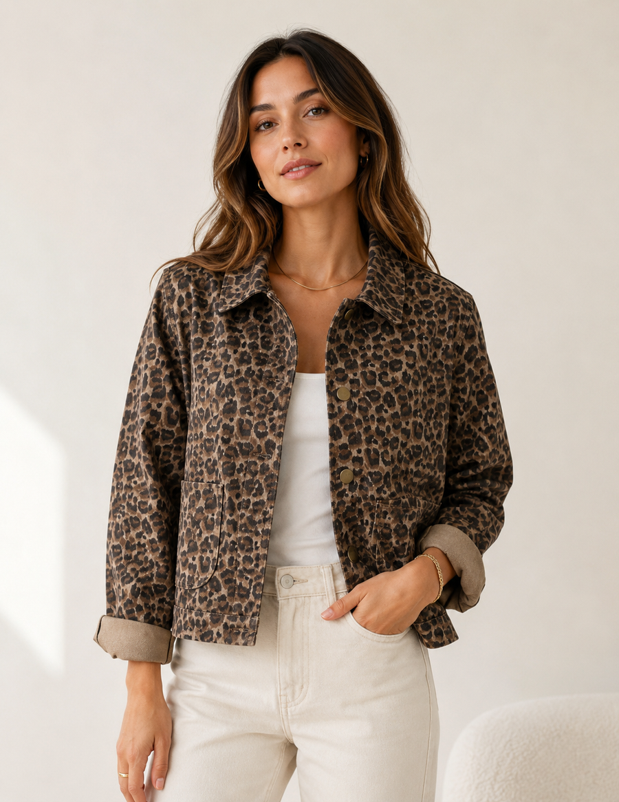 Veste Sienna à imprimé léopard portée de face