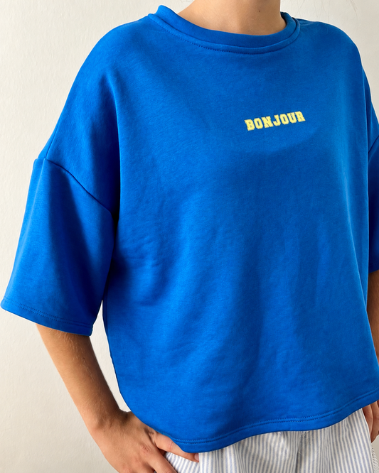 T-shirt oversize Bonjour – Bleu électrique