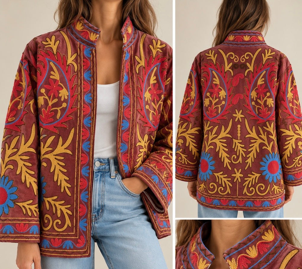 Veste en velours brodée — bordeaux multicolore